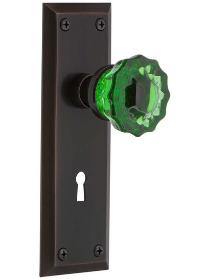 New York Door Set with Keyhole and Colored Fluted Crystal Glass Knobs Emerald in Timeless Bronze.